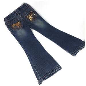 Girls Kids Stretch Blue Denim Jeans with Gold Sequin Pockets Size 5 Childs Pants